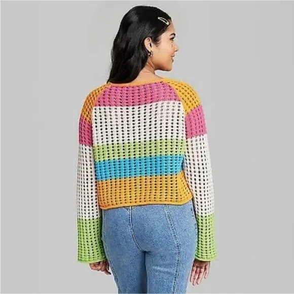 Wild Fable Granny Crochet Striped Rainbow Wide Sleeved Casual Top Shirt Size L - Picture 2 of 9